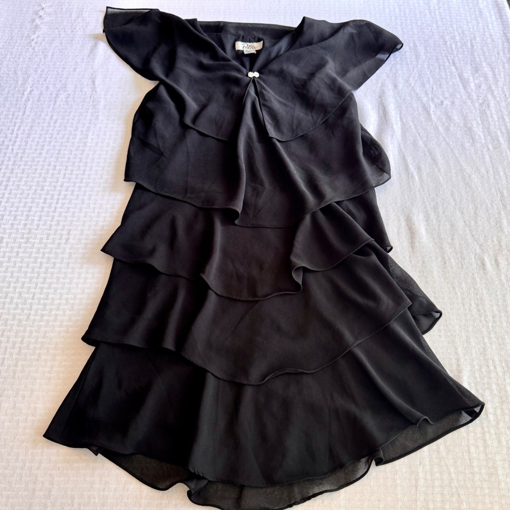 Patra Black Tiered Ruffle Chiffon Cocktail Dress Rhinestone Brooch 12 Style 6206